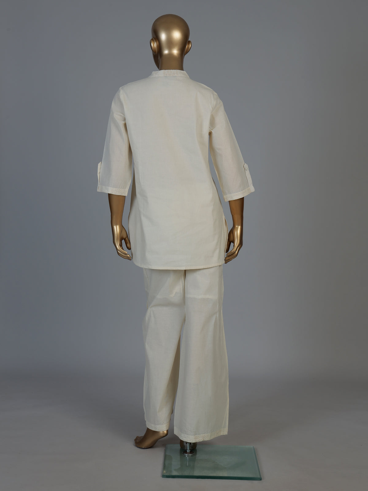 White linen thread work co ord set with elegant palazzo pants