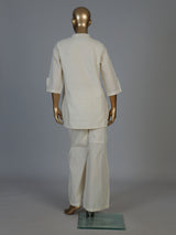 White linen thread work co ord set with elegant palazzo pants