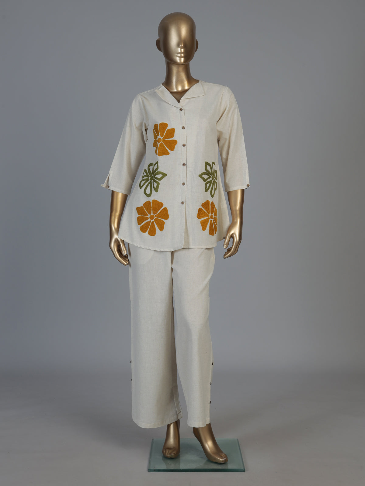 White cotton linen thread work co ord set with palazzo pants