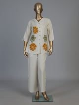 White cotton linen thread work co ord set with palazzo pants
