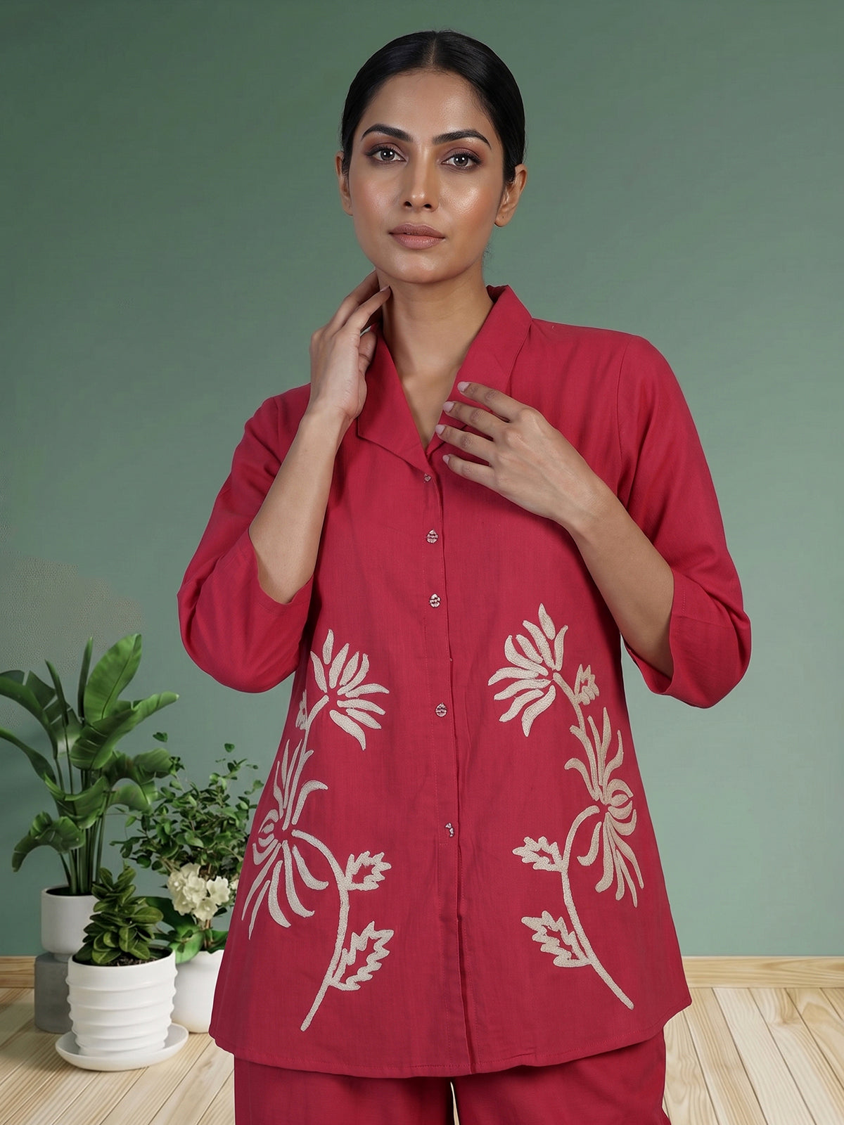 Reddish pink cotton silk thread work co ord set with palazzo
