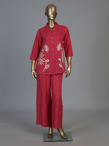Reddish pink cotton silk thread work co ord set with palazzo