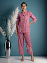 Pink cotton thread work co ord set with stylish pants