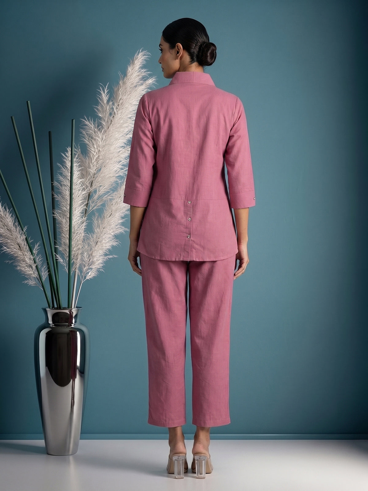 Pink cotton thread work co ord set with stylish pants