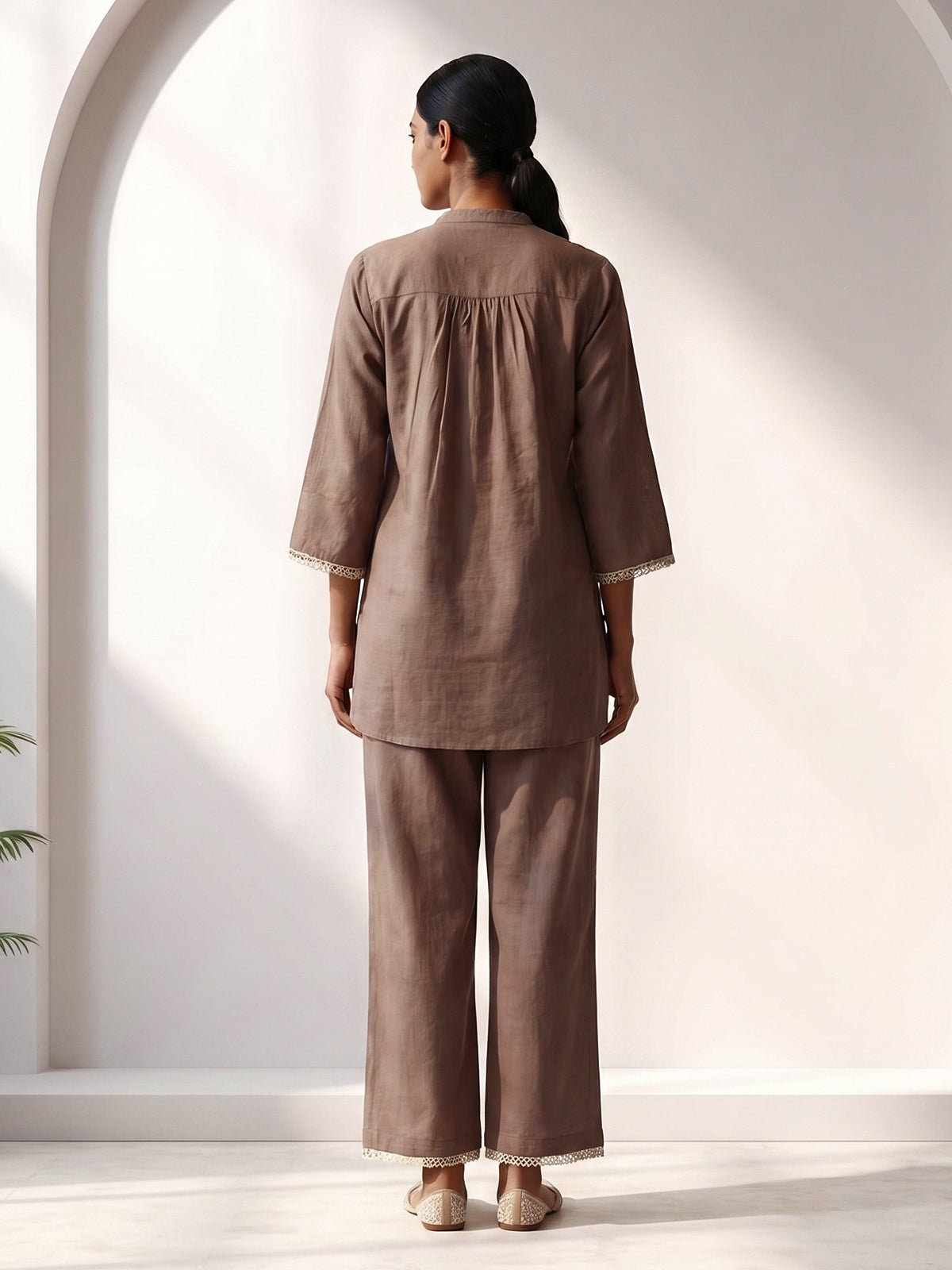 Light brown cotton linen embroidered co ord set with elegant pants