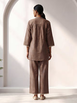 Light brown cotton linen embroidered co ord set with elegant pants