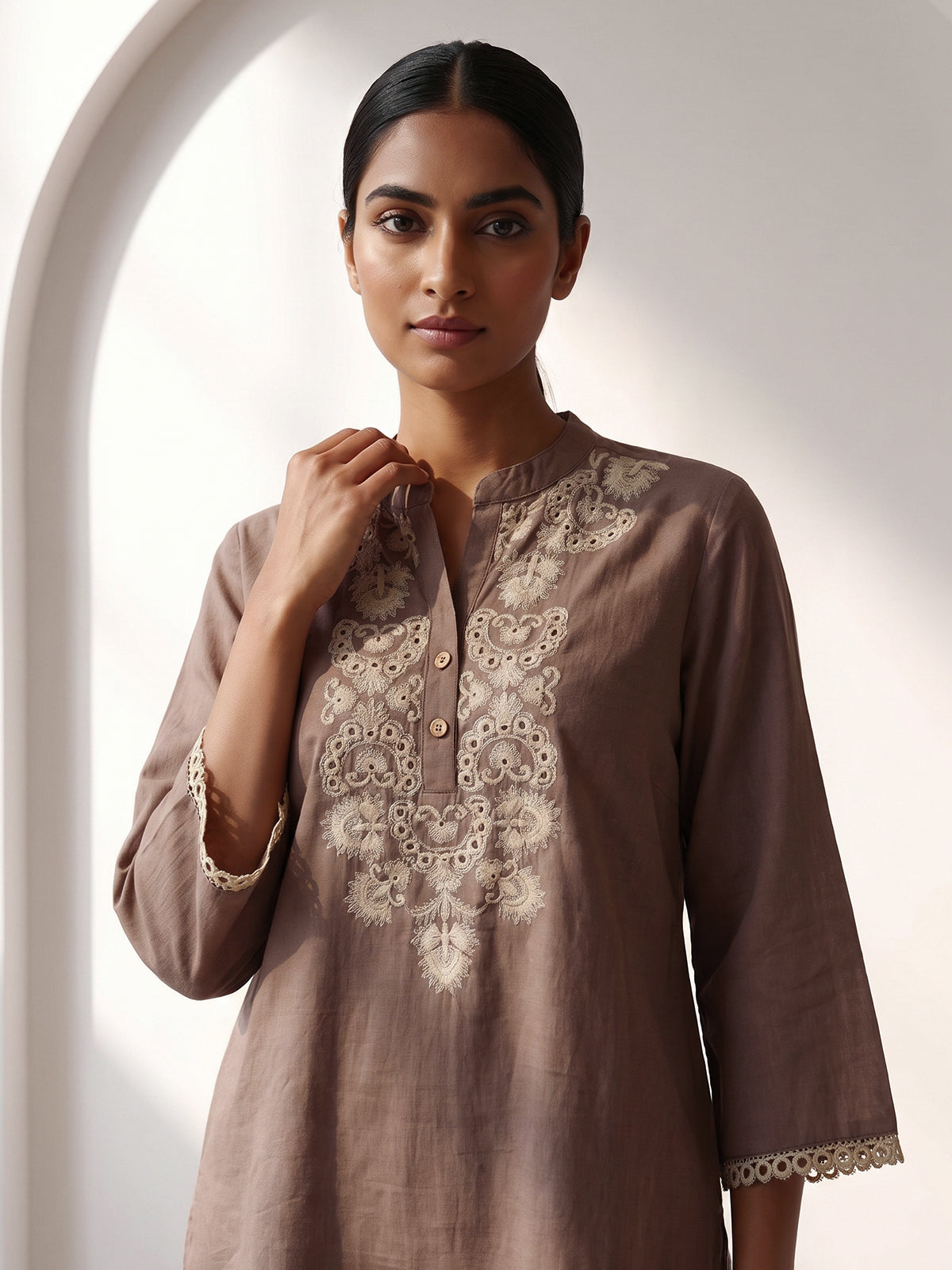 Light brown cotton linen embroidered co ord set with elegant pants