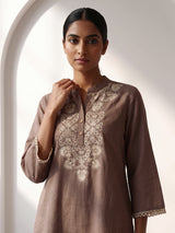Light brown cotton linen embroidered co ord set with elegant pants