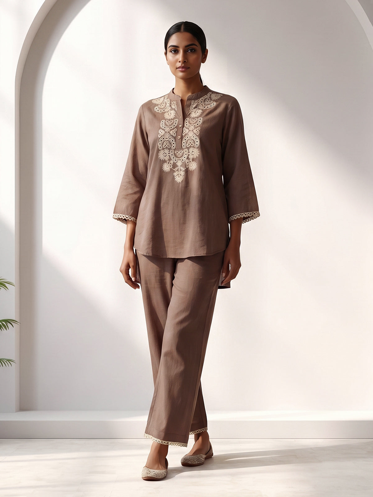 Light brown cotton linen embroidered co ord set with elegant pants