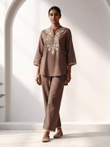 Light brown cotton linen embroidered co ord set with elegant pants