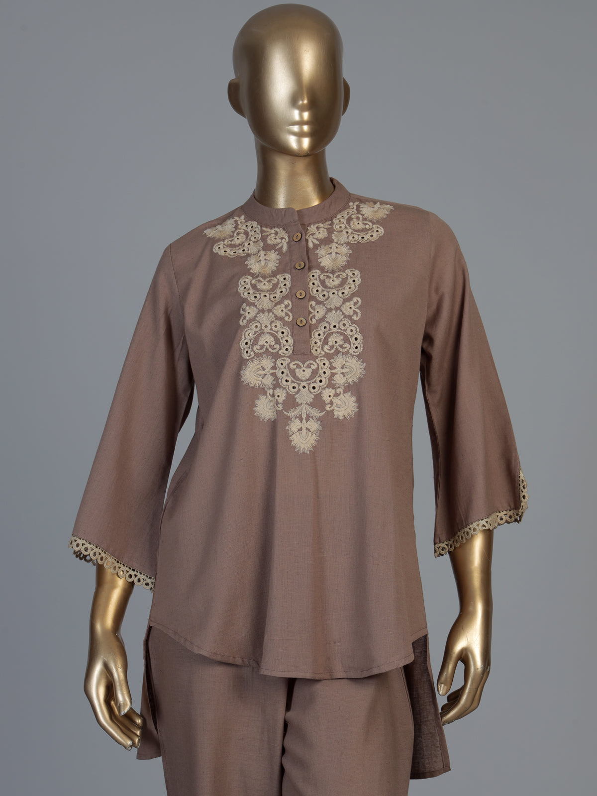 Light brown cotton linen embroidered co ord set with elegant pants