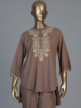 Light brown cotton linen embroidered co ord set with elegant pants