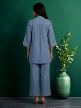 Stone blue cotton linen embroidered co ord set for festive occasions