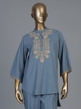 Stone blue cotton linen embroidered co ord set for festive occasions