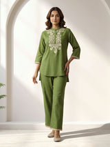 Green cotton linen embroidered co ord set with stylish pants