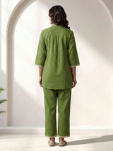 Green cotton linen embroidered co ord set with stylish pants