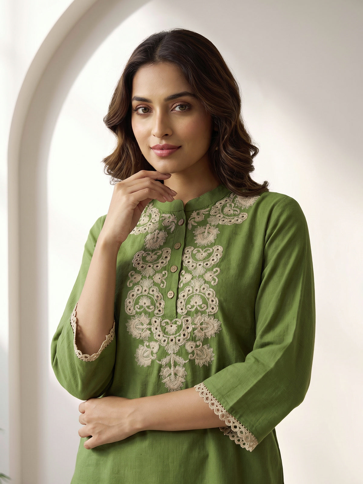 Green cotton linen embroidered co ord set with stylish pants