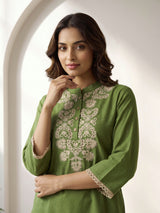Green cotton linen embroidered co ord set with stylish pants