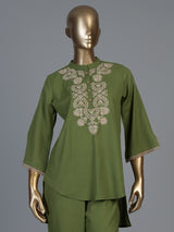 Green cotton linen embroidered co ord set with stylish pants