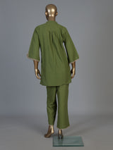Green cotton linen embroidered co ord set with stylish pants