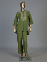 Green cotton linen embroidered co ord set with stylish pants