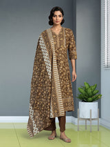 Dusty brown cotton silk anarkali kurti set with printed dupatta