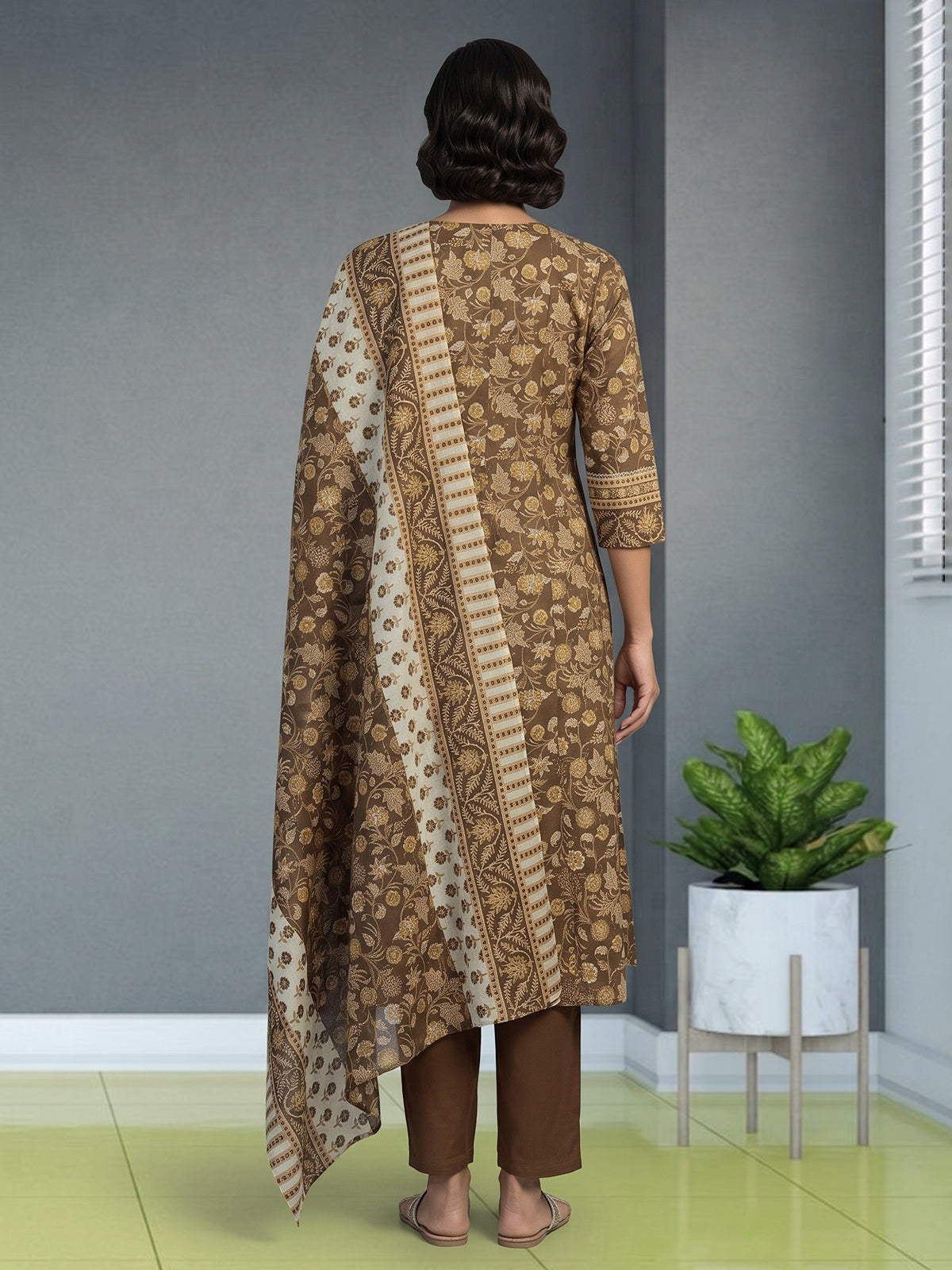 Dusty brown cotton silk anarkali kurti set with printed dupatta