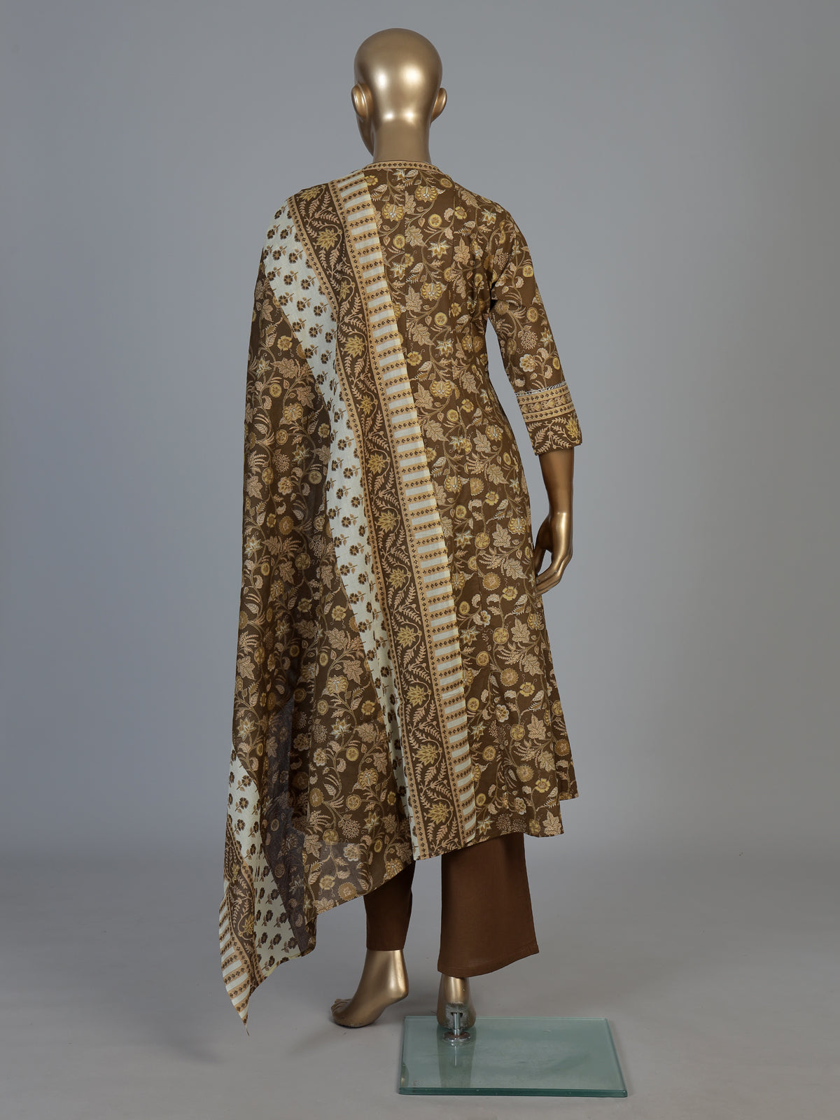 Dusty brown cotton silk anarkali kurti set with printed dupatta