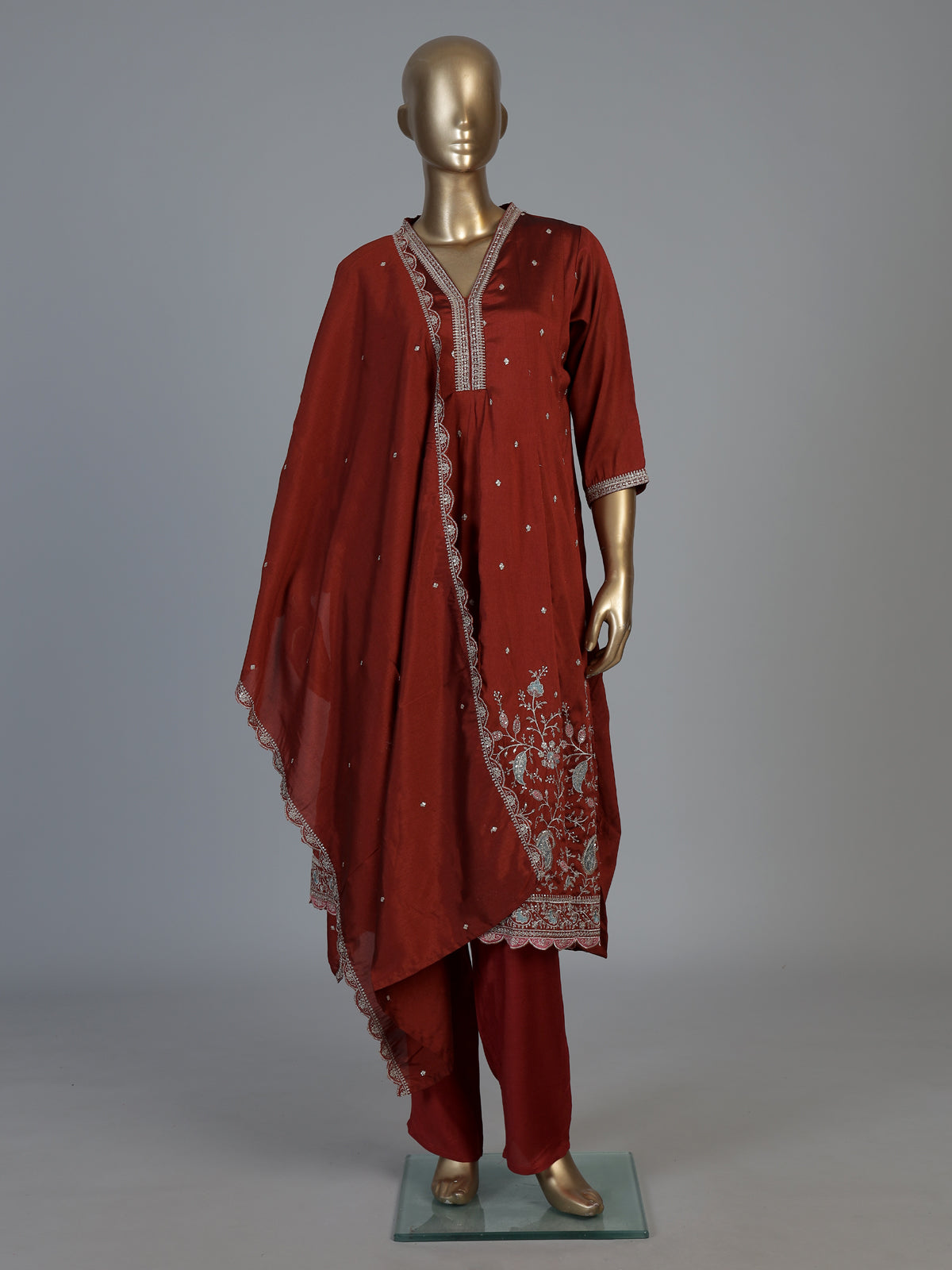 Pastel maroon silk anarkali kurti set with elegant dupatta pants