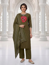 Mehendi green silk kurti set with printed dupatta and pants