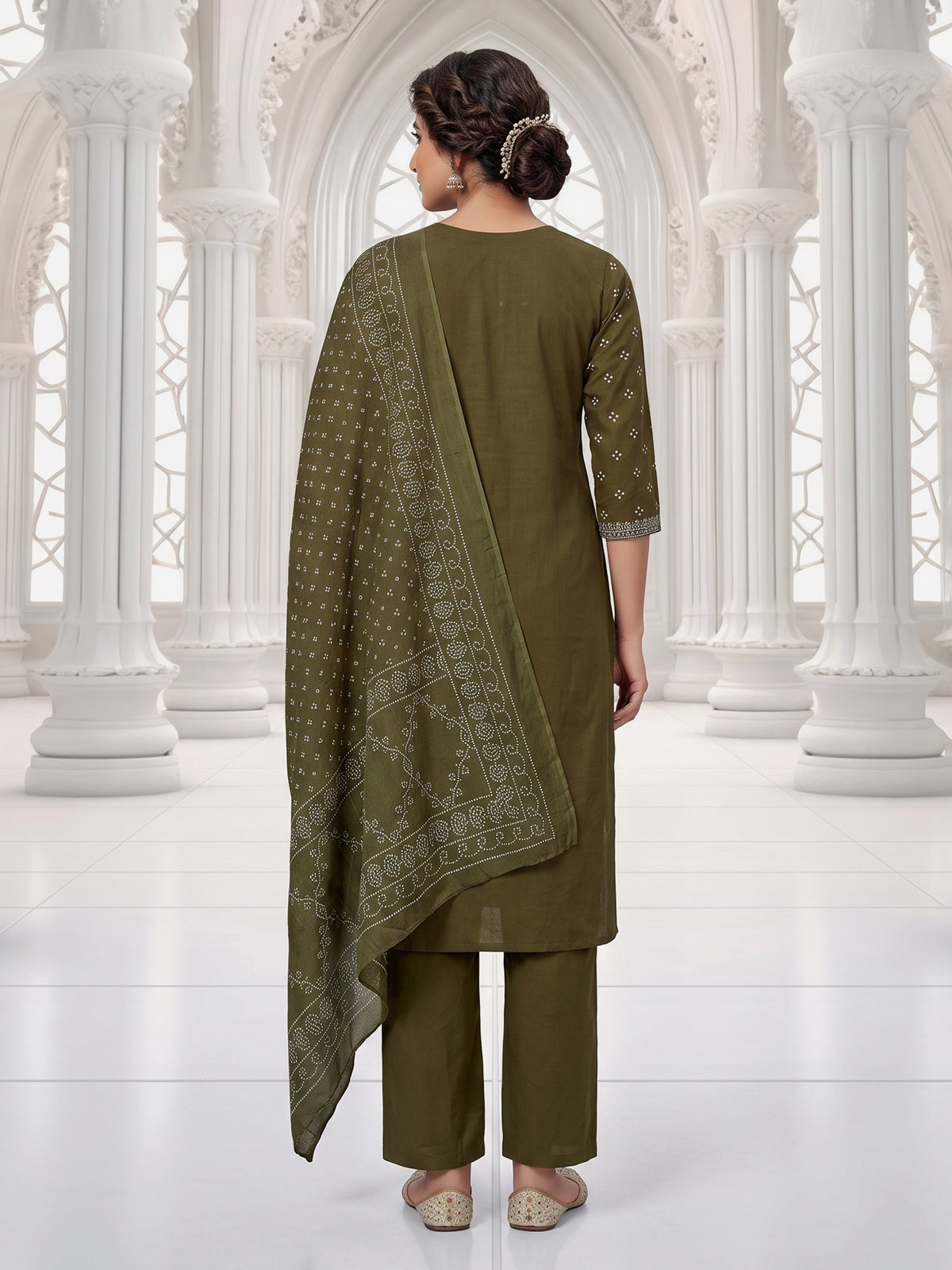 Mehendi green silk kurti set with printed dupatta and pants