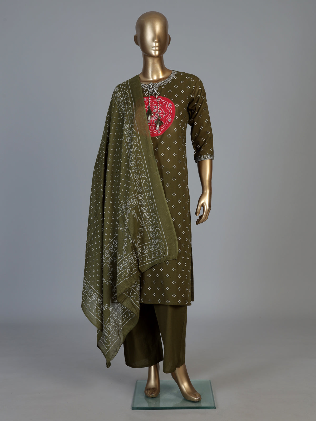 Mehendi green silk kurti set with printed dupatta and pants