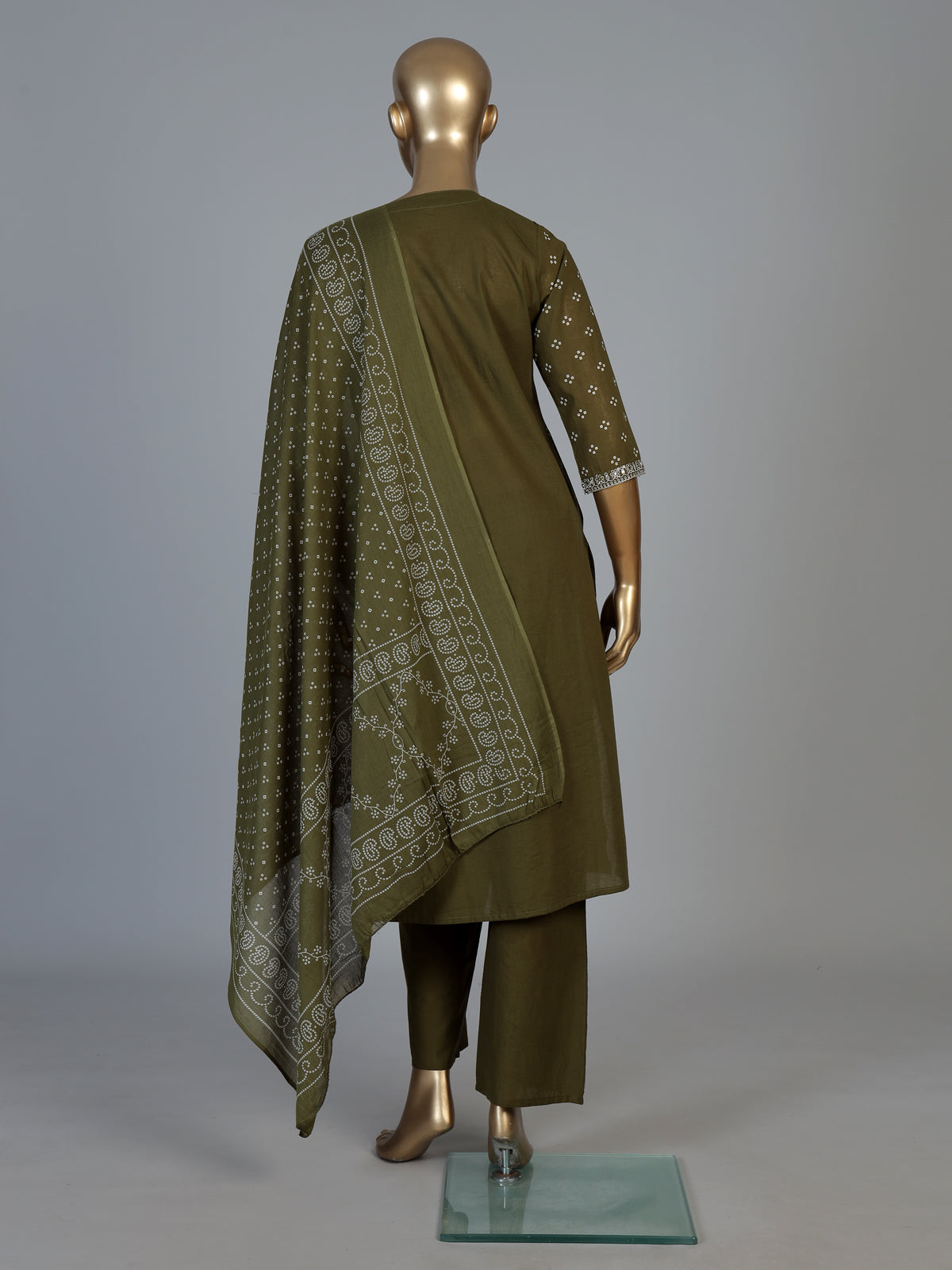 Mehendi green silk kurti set with printed dupatta and pants