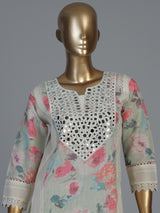 Off white linen floral printed kurti set with dupatta pants