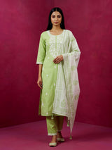 Light green linen kurti set with dupatta and straight cut