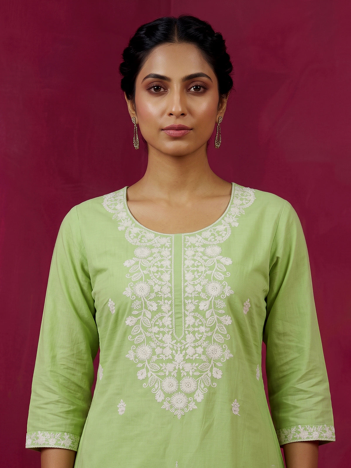 Light green linen kurti set with dupatta and straight cut