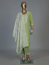 Light green linen kurti set with dupatta and straight cut