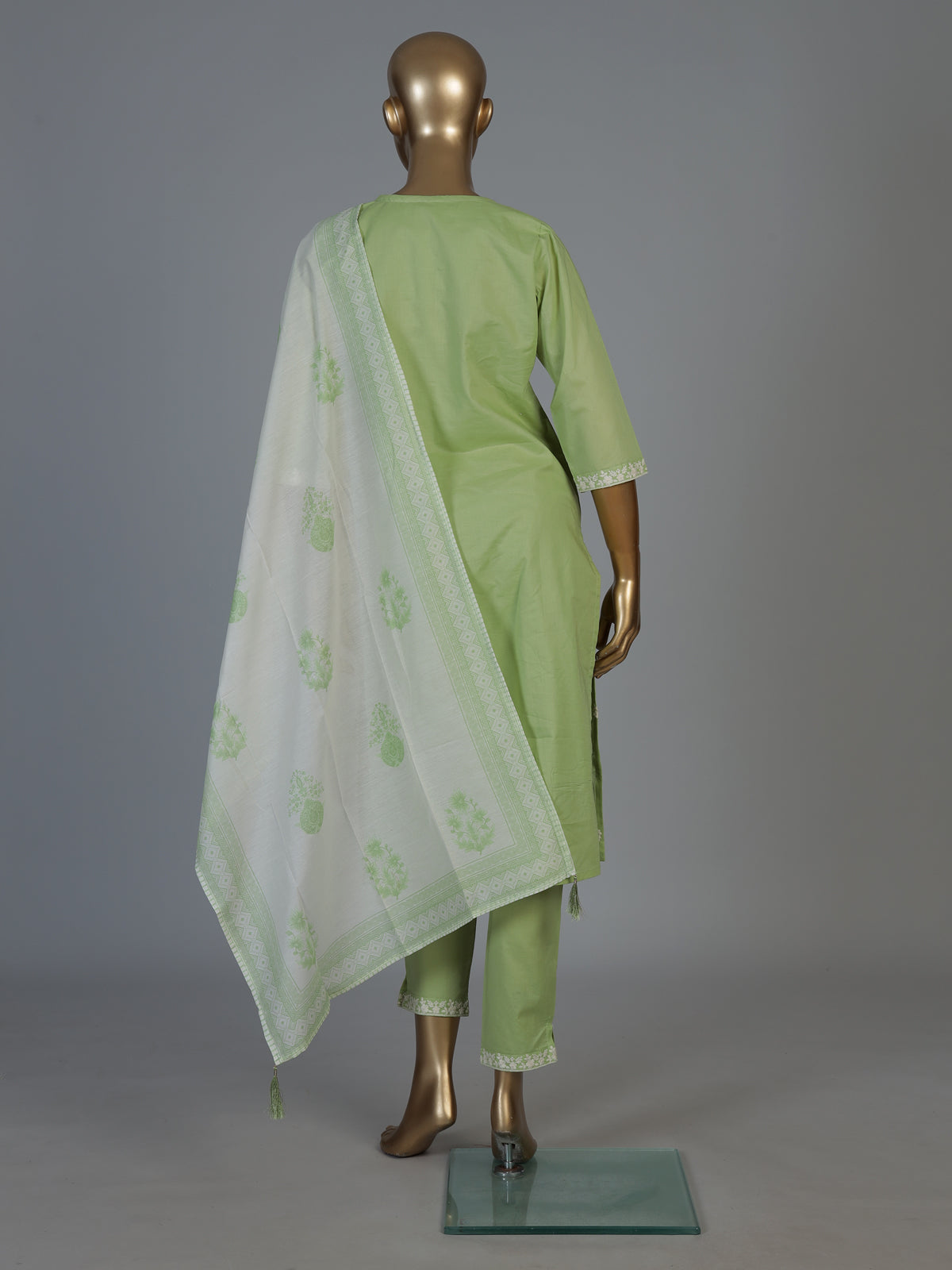 Light green linen kurti set with dupatta and straight cut