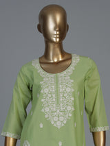 Light green linen kurti set with dupatta and straight cut