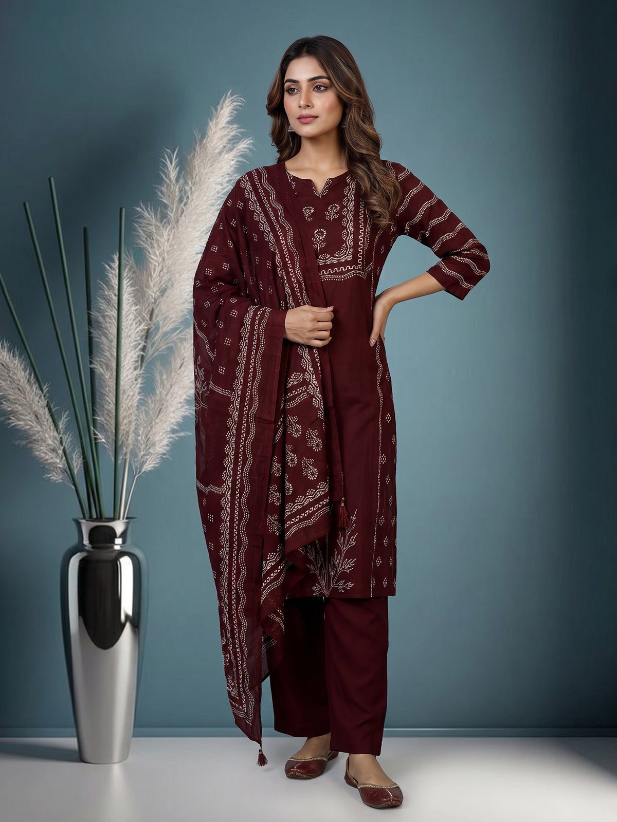 Wine silk kurti set with printed dupatta and stylish pants
