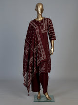 Wine silk kurti set with printed dupatta and stylish pants