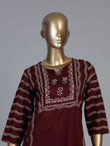 Wine silk kurti set with printed dupatta and stylish pants