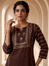 Coffee brown silk kurti set with printed dupatta and pants