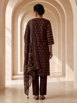 Coffee brown silk kurti set with printed dupatta and pants