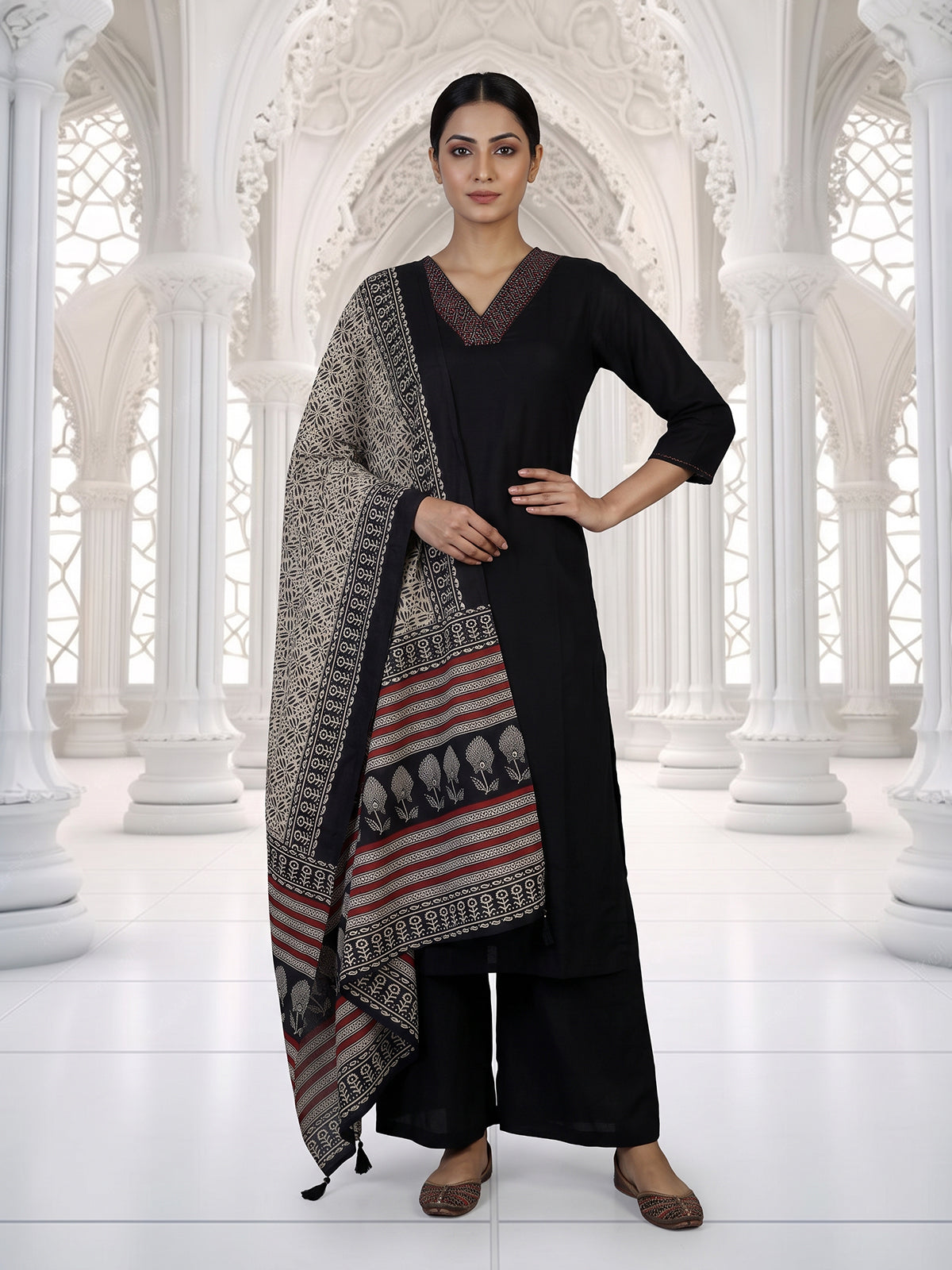 Black cotton kurti set with printed dupatta
