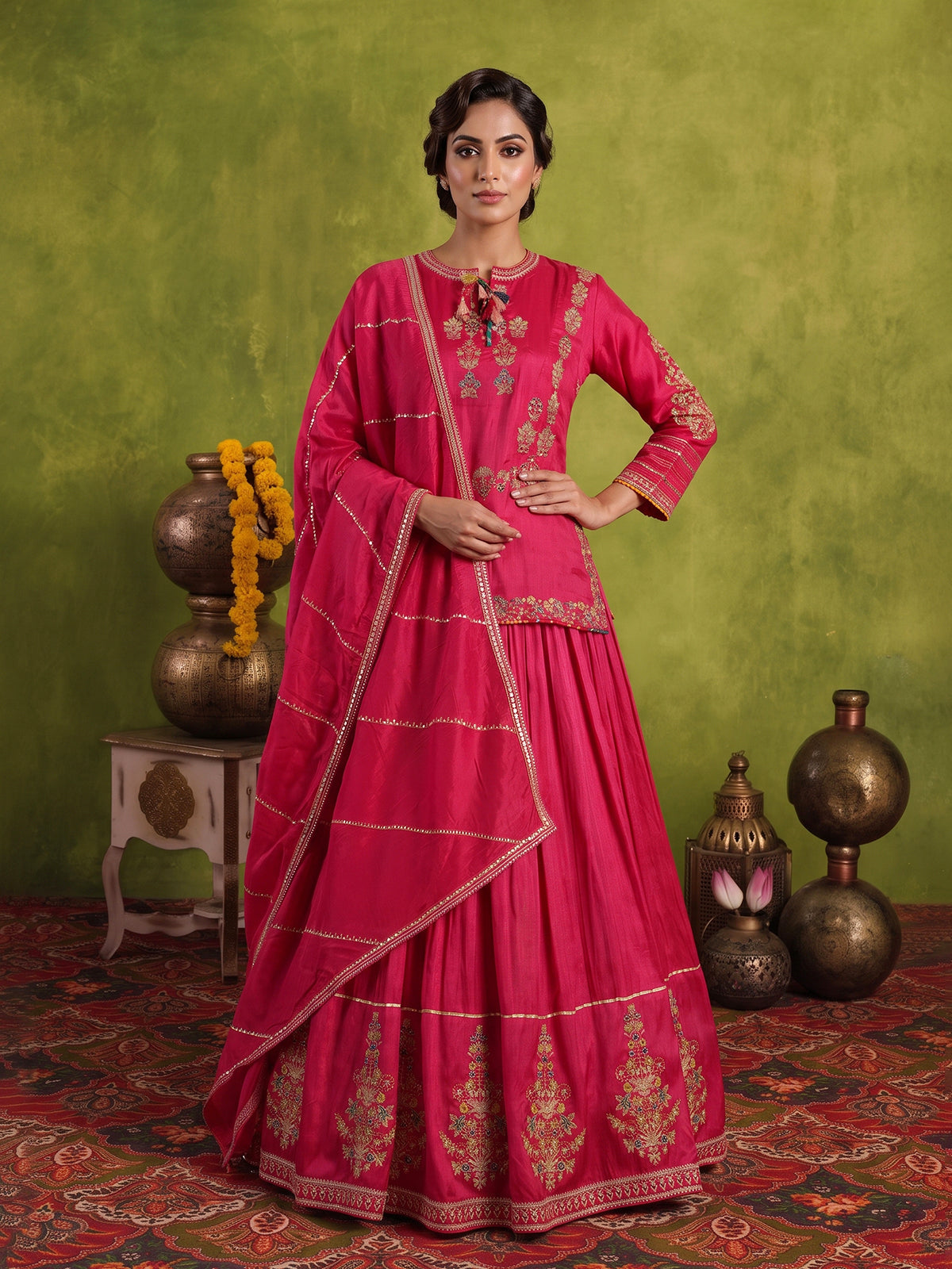 Rani pink raw silk lehenga choli with rajsthani dupatta design