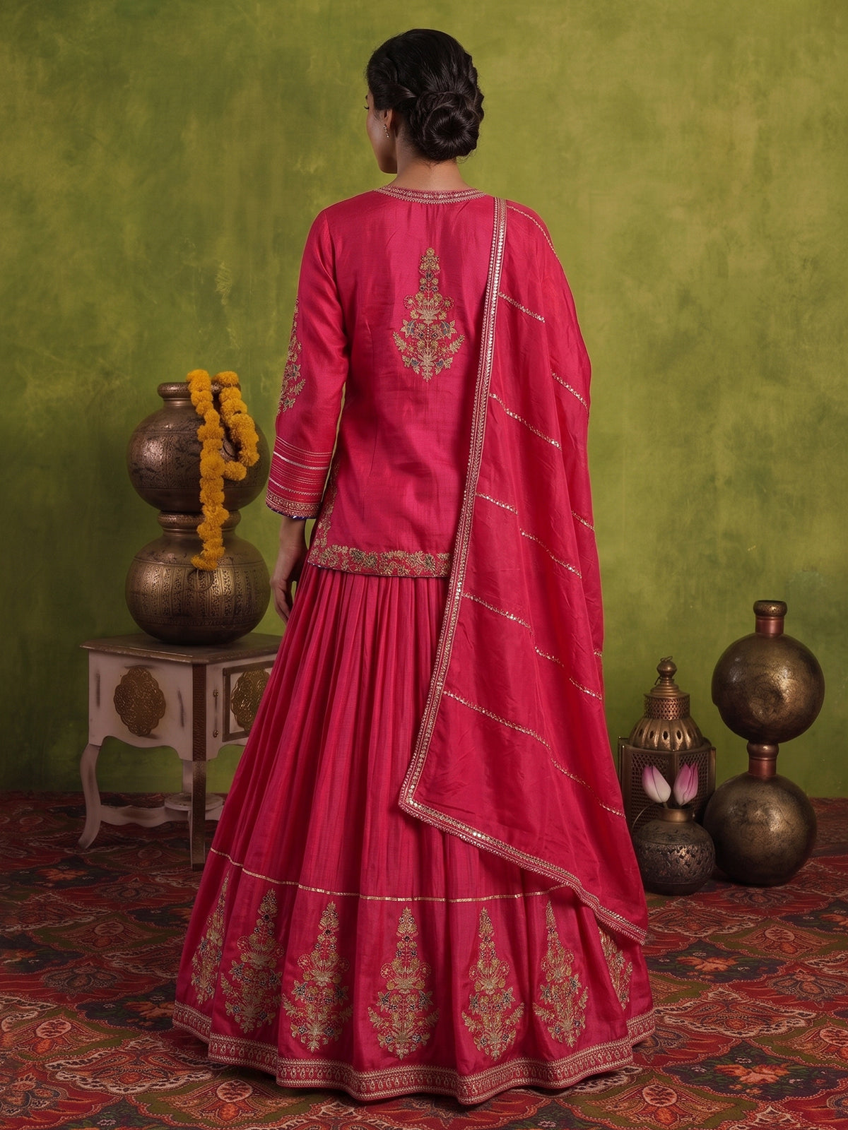 Rani pink raw silk lehenga choli with rajsthani dupatta design