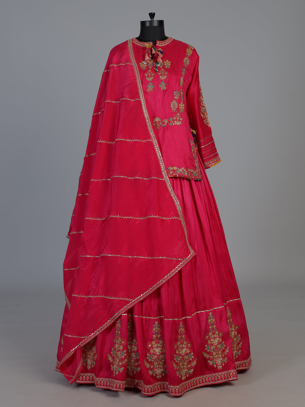 Rani pink raw silk lehenga choli with rajsthani dupatta design
