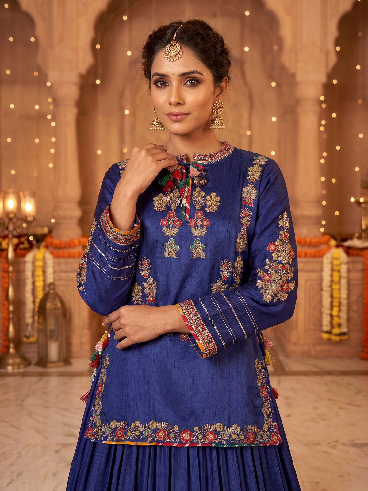Royal blue raw silk lehenga choli with embroidered dupatta set