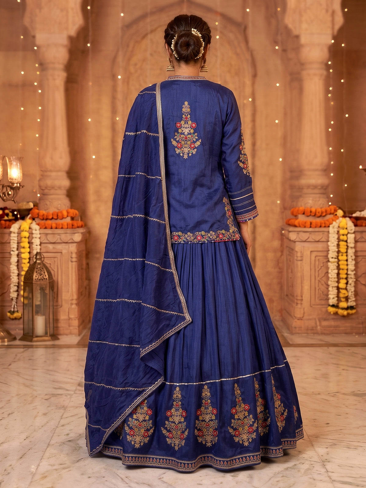 Royal blue raw silk lehenga choli with embroidered dupatta set